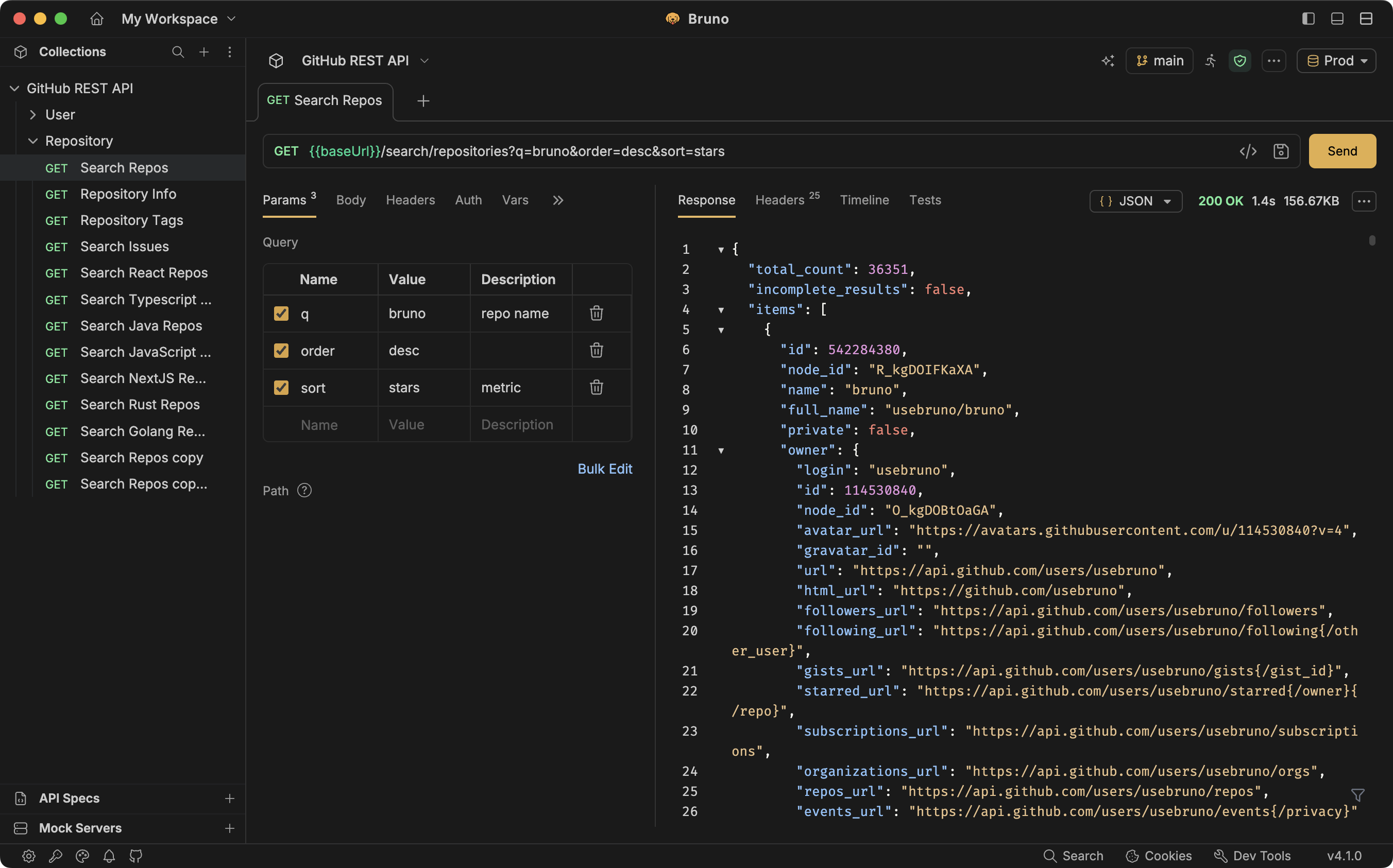 Bruno’s API client showing a repository request and response