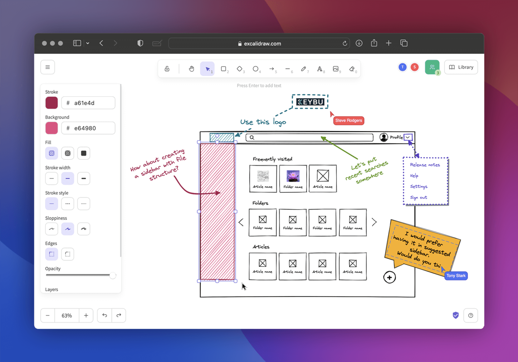 Excalidraw’s whiteboard with diagrams and drawing tools